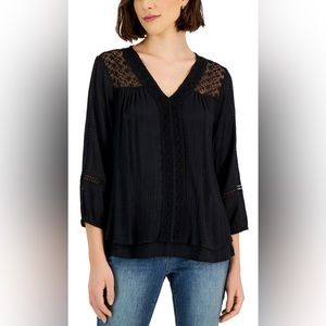 V-Neck Lace Trim Black Top Size Petite Small. New condition.